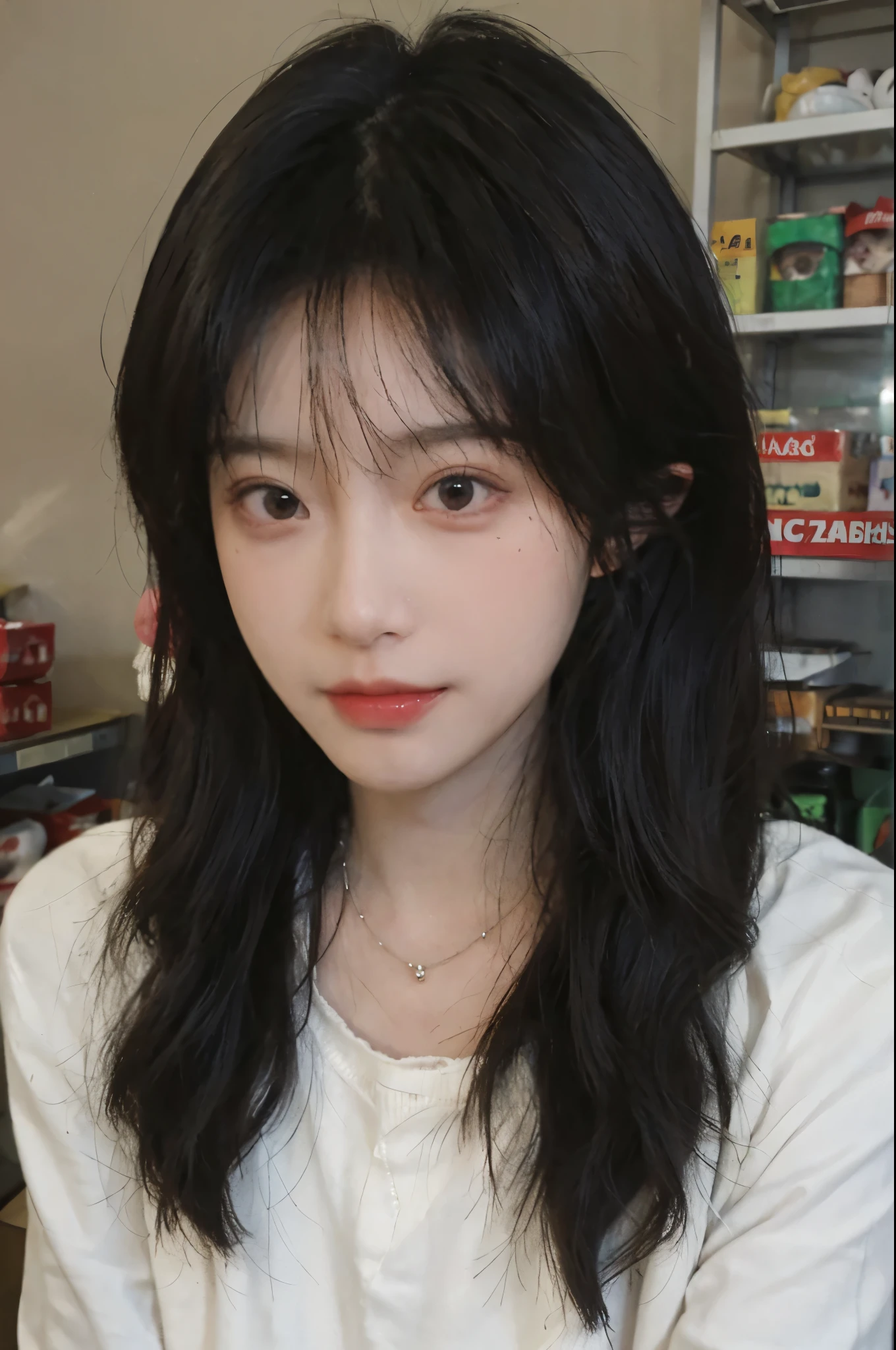 Best quality，Ultra-high resolution,(Realism:1.4)，Cute hairpins，girll,Cropped black sweater，Look directly at the audience，Full of atmosphere，Beautiful woman with a slim figure:1.4，supermarket，whole body，Super delicate face，Exquisite eyes，Double eyelids，necklace