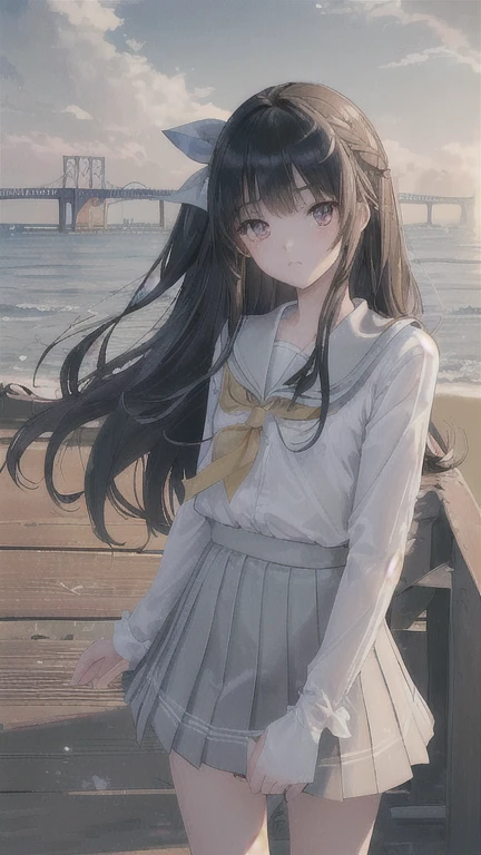 masterpiece,((Clear lines)), Limited edition palette,Highest quality, Flat Color, Low contrast, ((One girl)),(((Very delicate and beautiful))),(Beautifully detailed face),(Beautiful attention to detail),{Long Hair},hair ornaments,((Middle chest)),Long black hair,Hair Ribbon,school uniform , Are standing,((View your viewers:1.6)), View from below,Beautifully detailed skies,Bright sky,Cloudy,sunlight, (Detailed Light),Lighting,colorful,Ocean,Beach, bridge,The way to school,Skyscraper, autumn, mist