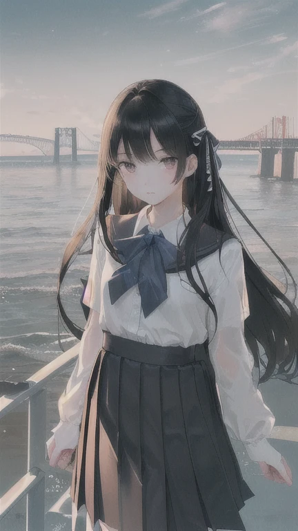 masterpiece,((Clear lines)), Limited edition palette,Highest quality, Flat Color, Low contrast, ((One girl)),(((Very delicate and beautiful))),(Beautifully detailed face),(Beautiful attention to detail),{Long Hair},hair ornaments,((Middle chest)),Long black hair,Hair Ribbon,school uniform , Are standing,((View your viewers:1.6)), View from below,Beautifully detailed skies,Bright sky,Cloudy,sunlight, (Detailed Light),Lighting,colorful,Ocean,Beach, bridge,The way to school,Skyscraper, autumn, mist