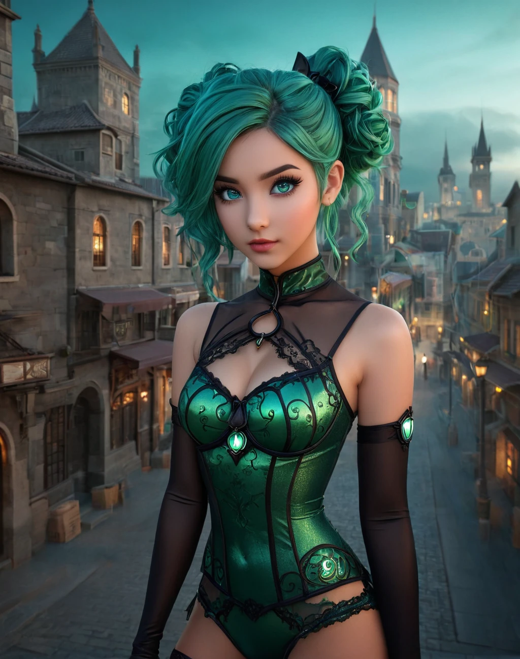 a young girl, , with green hair, wearing a teal and black lantern costume, standing in an intricate cityscape background, (best quality,4k,8k,highres,masterpiece:1.2),ultra-detailed,(realistic,photorealistic,photo-realistic:1.37),extremely detailed facial features,beautiful detailed eyes,beautiful detailed lips,extremely detailed eyes and face,longeyelashes,cinematic lighting,dramatic shadows,moody atmosphere,fantasy,concept art