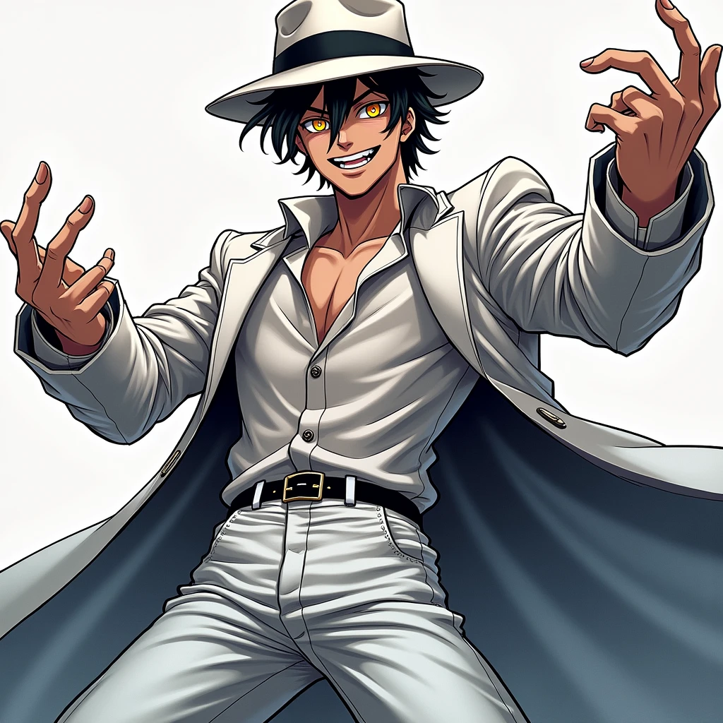((illustration)), (best quality)), ((masterpiece)), (detailed), adult, 1male, black hair, suit, fedora, solo, 1boy, smiling, crazy look, shirt: 2, anime, horror, yellow eyes,