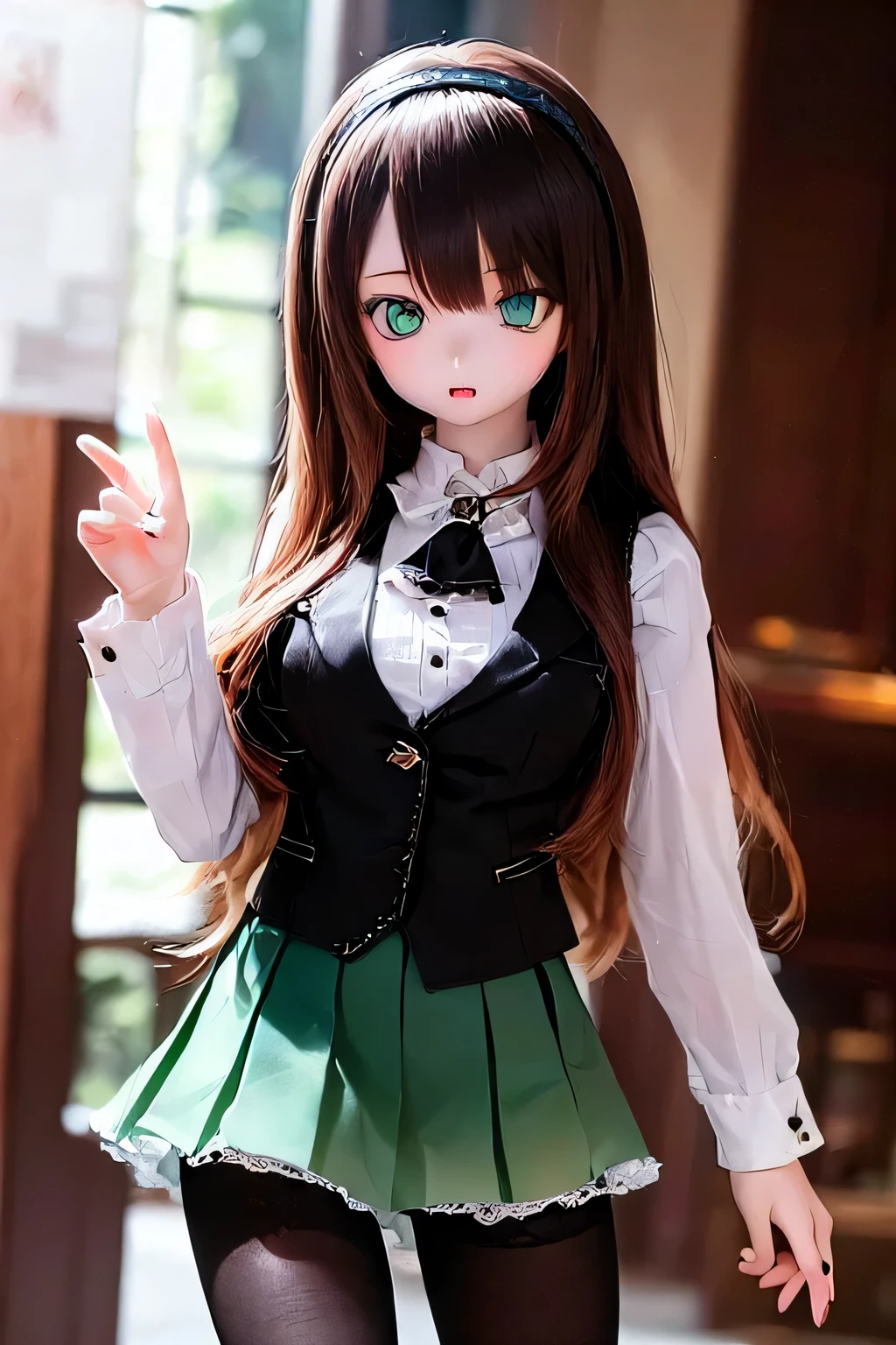 (SFW:2), photorealistic, realistic photo, 8k, ((highest quality)), ((masterpiece)), (extremely detailed), kukolnydom, doll, (mature woman, 21yo, 21 years old, solo:1.6), ((cowboy shot, contrapposto, slim, slender, skinny, medium breasts, hairband, ascot, vest, dress shirt, long puff sleeves, pleated skirt, black pantyhose)), (green eyes, brown hair, long hair, plastic skin, looking at another, glass eyes, gradient eyes, shining eyes, detailed eyes:1.3)