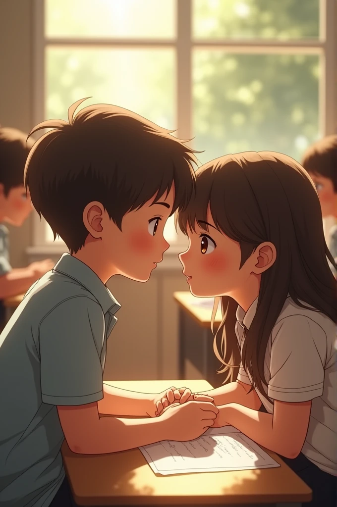 One boy and one girl see each other during class in a school