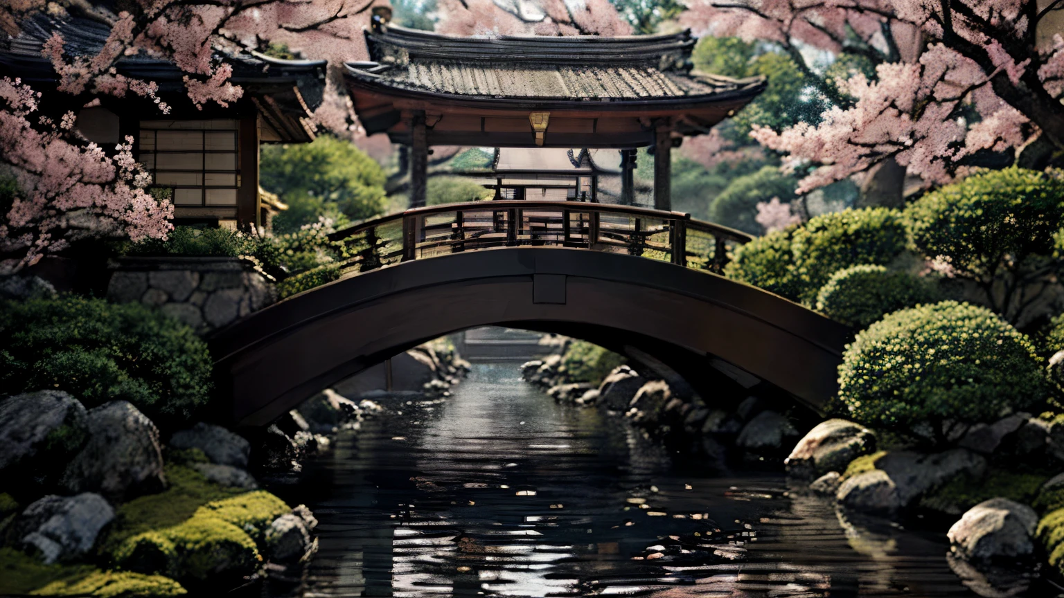 photorealistic, top quality, A scene of a young Japanese nobleman, dressed in luxurious Heian-era clothing with intricate patterns and vibrant colors, standing in a serene Kyoto garden. The garden is meticulously landscaped, with blooming cherry blossoms, a flowing stream, and a stone bridge in the background. The nobleman exudes a sense of refinement and grace, his posture upright and elegant, symbolizing his aristocratic origins. The architecture around him includes traditional wooden structures with sliding shoji doors, blending harmoniously with the natural beauty of the surroundings.