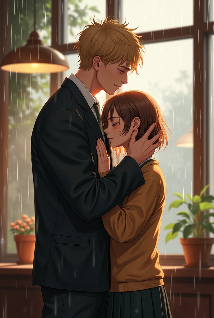 Make a 25-year-old blonde man with a middle part and tall stature wearing a university uniform, Hugging a short girl with light brown bob-style hair wearing a university uniform ,In a cafe while it's raining 