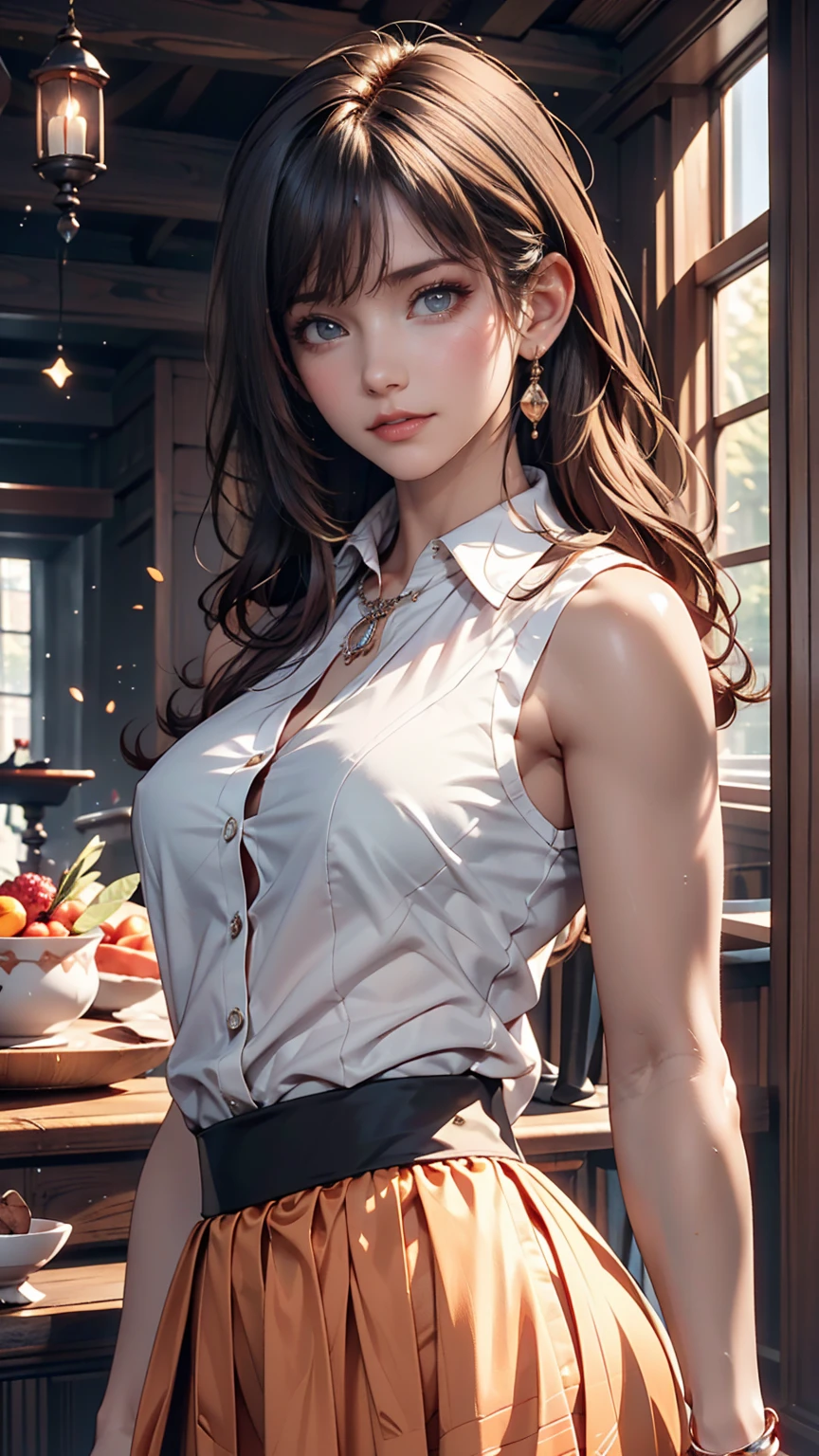 16k ultra-high definition CG wallpaper, masterpiece, Excellent image quality, Very delicate), (Great light and shadow, Delicate and beautiful), Really smooth skin, Bright Face, 18K Close-up Perfect Display, change, cute, She was wearing a classy sleeveless shirt and a long skirt.,, Colorful jewel-like eyes.