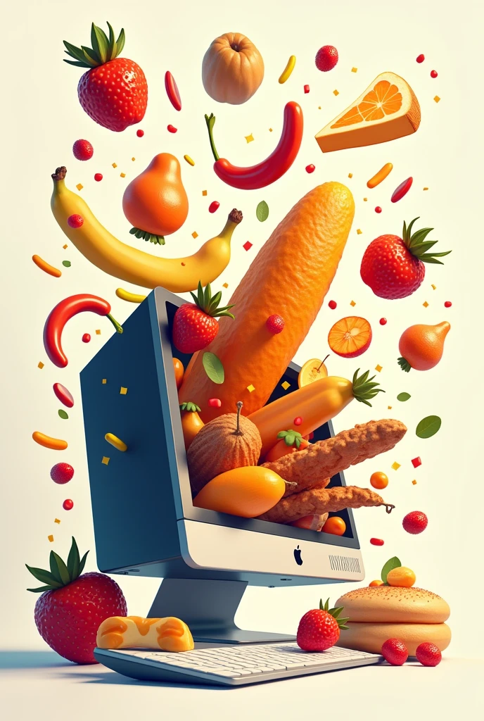 Create illustration image in which the various food look like come out from the computer screen in all directions