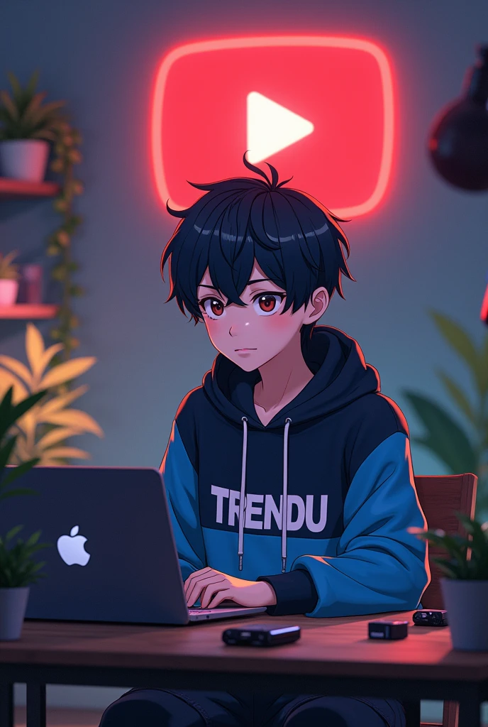 

"Create an image of 'A 18 years anime boy, sitting in front of a computer desk with a microphone and laptop, wearing blue and black hoodie with the Channel Name on it "TRENDU". The background includes a large YouTube logo on the wall, potted plants on either side, and various recording equipment."
