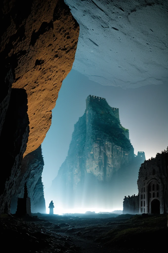 Create a dark fantasy landscape featuring an ancient, crumbling castle atop jagged cliffs under a stormy sky. Below, a misty ravine winds through a haunted forest with glowing, ghostly mushrooms. Nearby, a forgotten city lies partially buried, with stone ruins etched with mysterious runes and a black river reflecting its dark grandeur. Towering mountains in the distance have rivers of molten lava flowing down their sides, illuminating the night. Capture the interplay of light and shadow, highlighting the eerie beauty and timeless mystery of this world