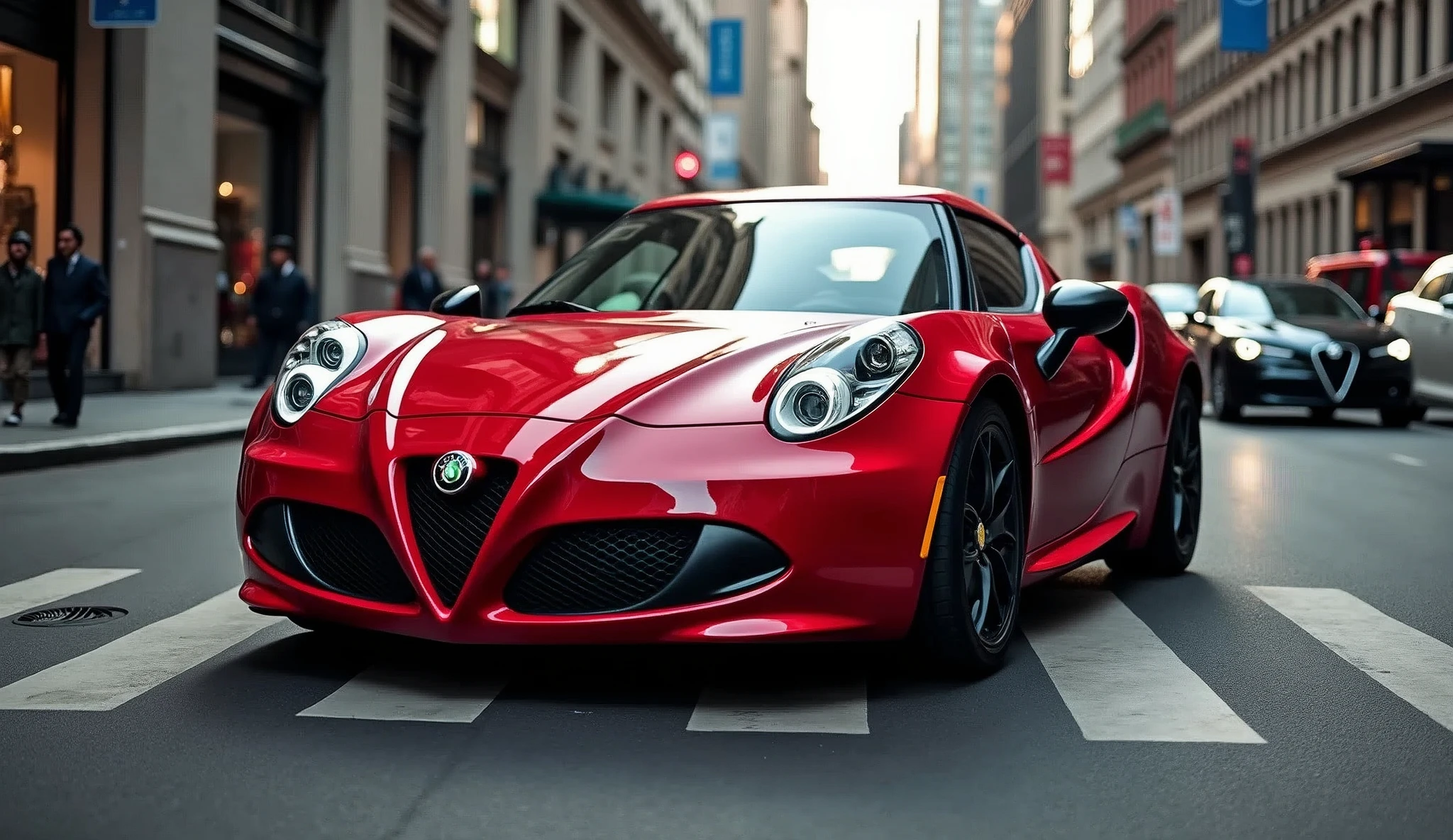 Car Photography、Alfa-Romeo_4C_Red body、Unique headlight design、Shooting in the city。