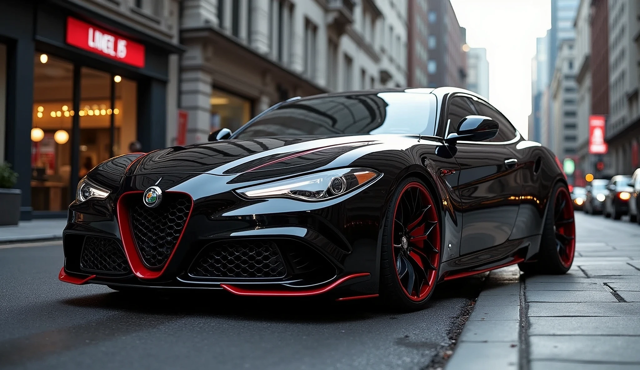 Car Photography、Alfa-Romeo_alpha156_Linea Rosso、elegant、Black body with red character lines、Shooting in the city。