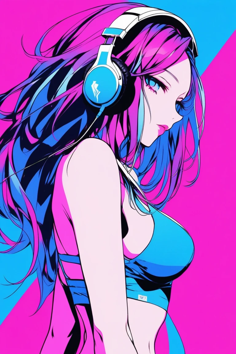 Illustrator, anime , Realistic ,sketch , 1 person, model, lip, Skimpy bikini, order, Blue gradient background, Neon colored messy medium length hair, Big Breasts, Wearing headphones, look back, Sexy pose, Texture Trim, Canadian, (masterpiece,Highest quality)
