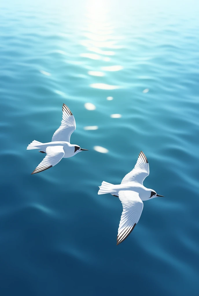 2 birds flying in line over a sea
