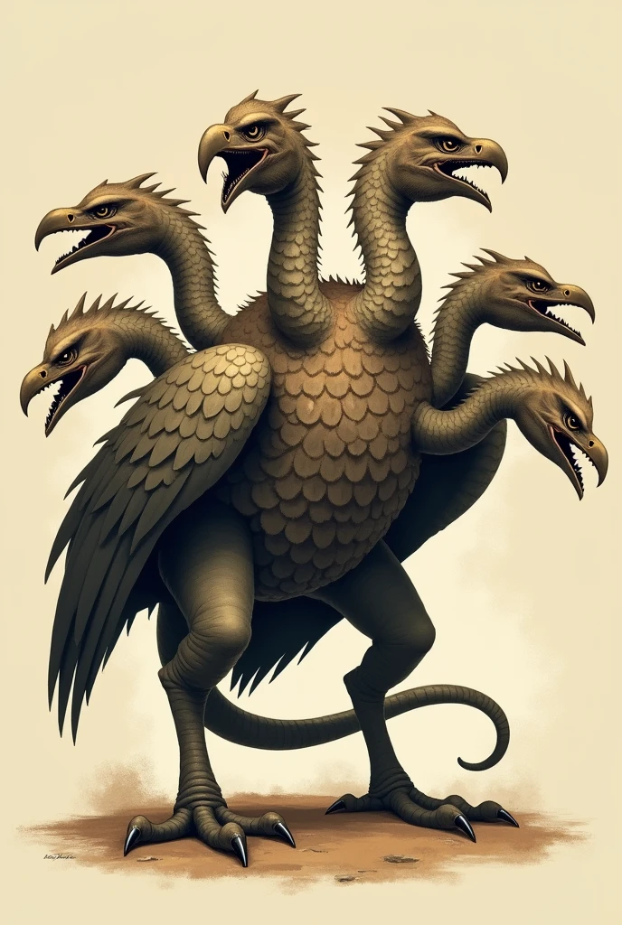 A monstrous bird with seven heads with plain background. Its style is vintage 