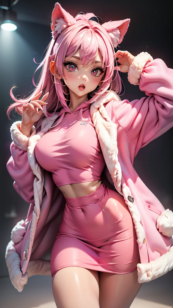 a woman in a pink robe standing in front of a white background, coat for a rave, stylish coat for a rave, pink fur, coat for a rave with fur, neon pink, pink fluffy fur, wearing a pink hoodie, hot pink, furry style, pink clothes, some pink, pink girl, fluffy ebay product, ((pink)), fur coat, fluffy