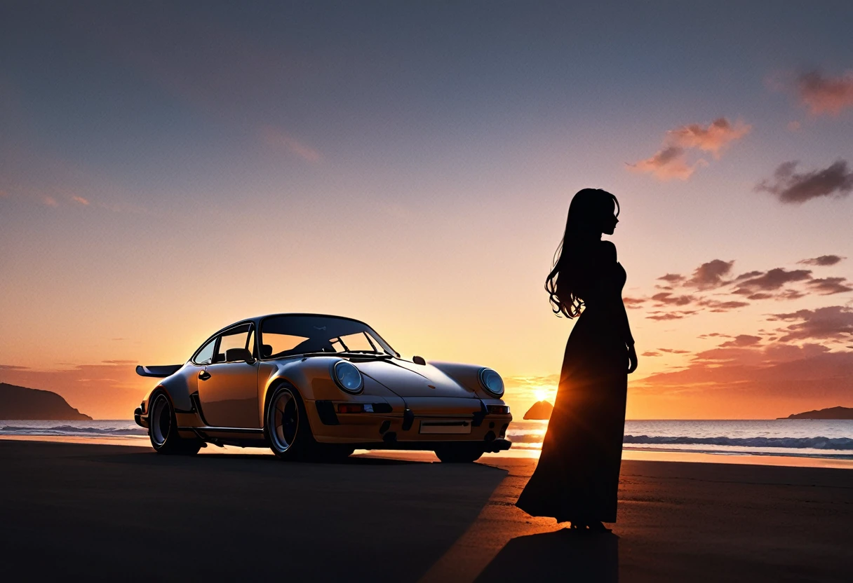 (masterpiece, best quality:1.2), silhouette, Silhouette of a woman and a car against the backdrop of a coastal sunset, She is standing right next to the car, looking at the big sunset, her long hair blowing in the wind, the car is Porsche 911, The silhouette of the car stands out, hyper Realistic, Professional photography, Cinema Lighting, Car Photography