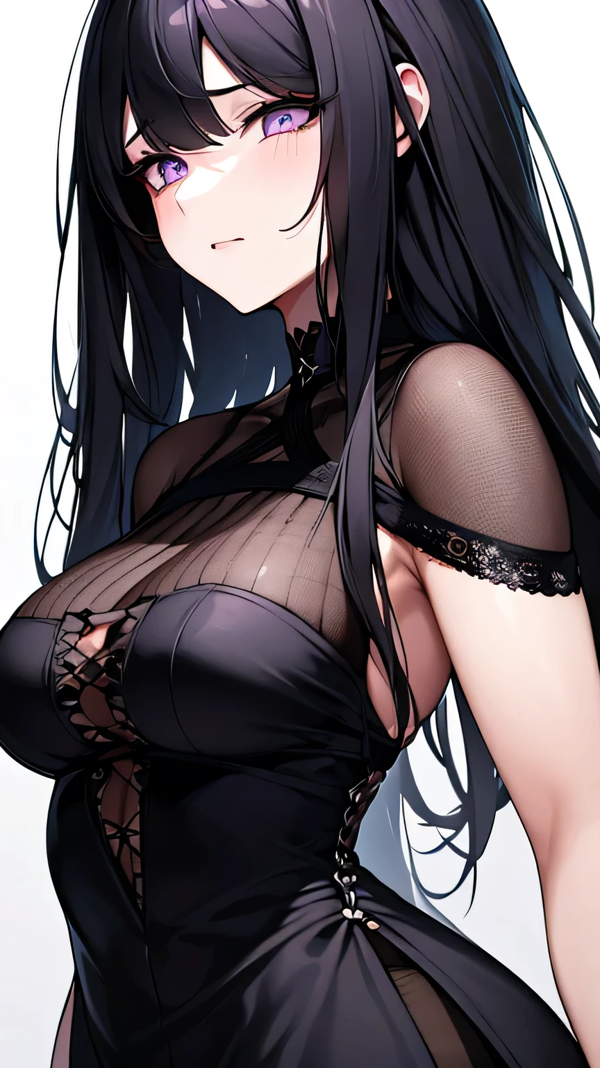 ((Highest quality)), Ultra-high resolution,Adult women, alone, sexy, (Tired face), (Light purple eyes), Beautiful face in every detail,(High resolution detail of human skin texture), (Black irregular long hair), Black Gothic Dress,Black long skirt,Realistic:1.4,Realistic:1.4,Dark room,((masterpiece)),Perfect Eyes,Perfect Eyes,(Sleep-deprived face),Curvy Body,Black eyeliner under the eyes,Peering into the audience