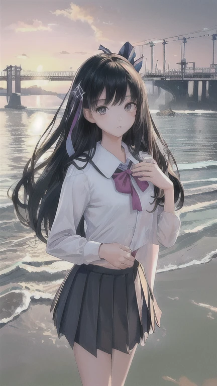 masterpiece,((Clear lines)), Limited edition palette,Highest quality, Flat Color, Low contrast, ((One girl)),(((Very delicate and beautiful))),(Beautifully detailed face),(Beautiful attention to detail),{Long Hair},hair ornaments,((Middle chest)),Long black hair,Hair Ribbon,school uniform , Are standing,((View your viewers:1.6)), View from below,Beautifully detailed skies,Bright sky,Cloudy,sunlight, (Detailed Light),Lighting,colorful,Ocean,Beach, bridge,The way to school,Skyscraper, autumn, mist