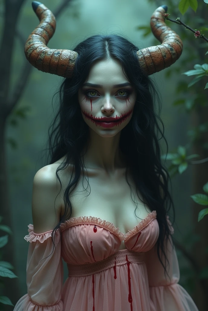 A very scary mythical creature that eats stupid man, she has a very beautiful face with a very creepy smile that can be deceitful and she is wearing a pink dress with blood on it and s