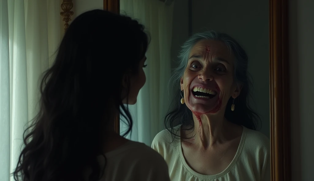 Sunaina standing in front of a mirror, her face twisted in horror as she sees the old woman from the neighboring flat standing behind her in the reflection. The old woman's face is partially decayed, with a sinister smile.