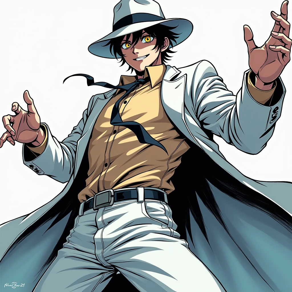 ((illustration)), (best quality)), ((masterpiece)), (detailed), 1male, black hair, suit, fedora, solo, 1boy, smiling, crazy look, shirt: 2, anime, horror, yellow eyes, teenager,