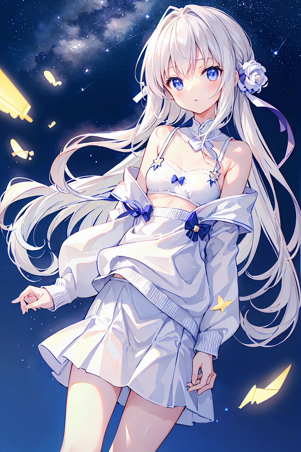 Libra、Night view、Starry Sky、、17talent,White summer sweater,Tight Skirt,Small breasts,Flat chest,((Highest quality)), (Very detailed), (High-definition CG synthesis 8k wallpaper), 高いly detailed, 高い-definition raw colbor photos, Professional photography, Written boundary depth,