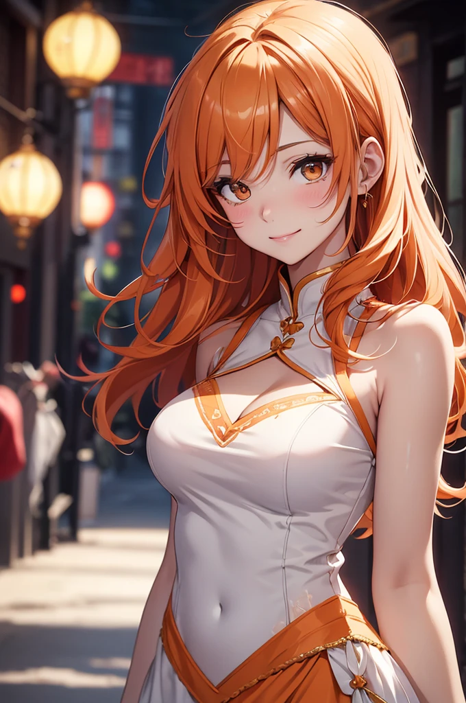 Best Quality,High resolution,8k,finelity detailed background,Masterpiece:1.2),beautiful girl,Shiny orange hair,messy hair,Orange Eyes,Gentle look,A refreshing look,smile,Best quality,Best Quality,Aesthetic and aesthetic:1.2,Best details((Super detailed))(High-definition CG illustrations),China dress,Slender body,Party Venue,smile,blush,cute,Scrounge,Looking up,Being spoiled,super model