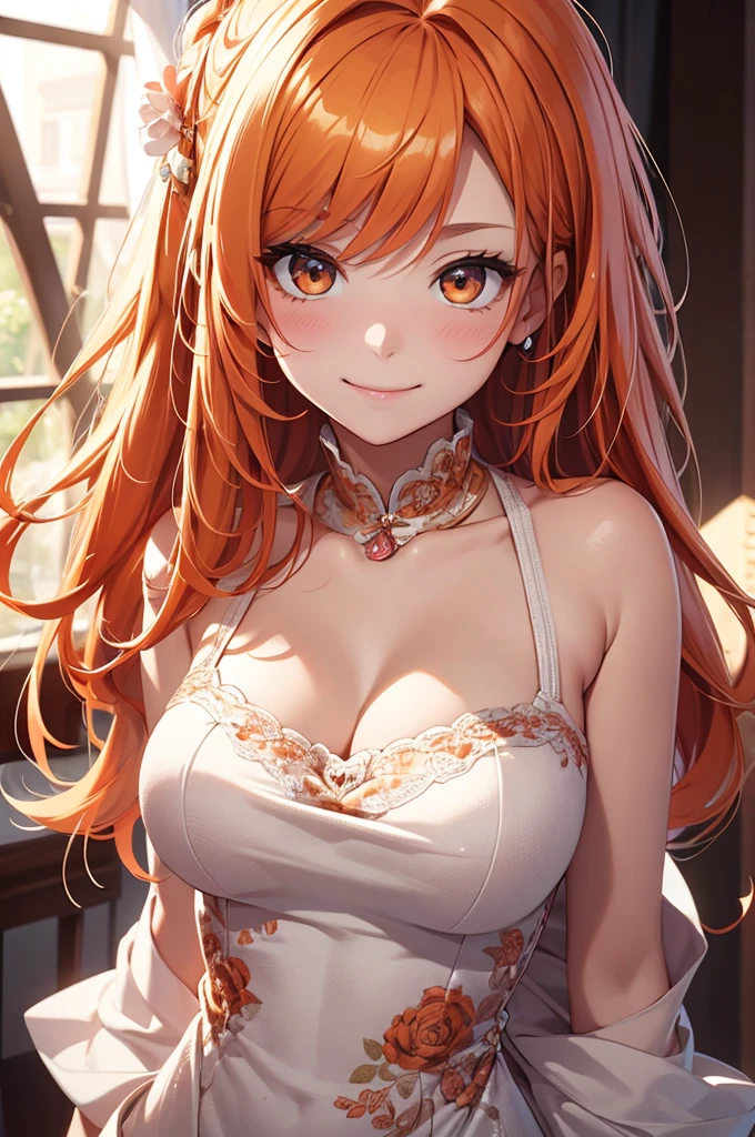 Best Quality,High resolution,8k,finelity detailed background,Masterpiece:1.2),beautiful girl,Shiny orange hair,messy hair,Orange Eyes,Gentle look,A refreshing look,smile,Best quality,Best Quality,Aesthetic and aesthetic:1.2,Best details((Super detailed))(High-definition CG illustrations),China dress,Slender body,Party Venue,smile,blush,cute,Scrounge,Looking up,Being spoiled,super model