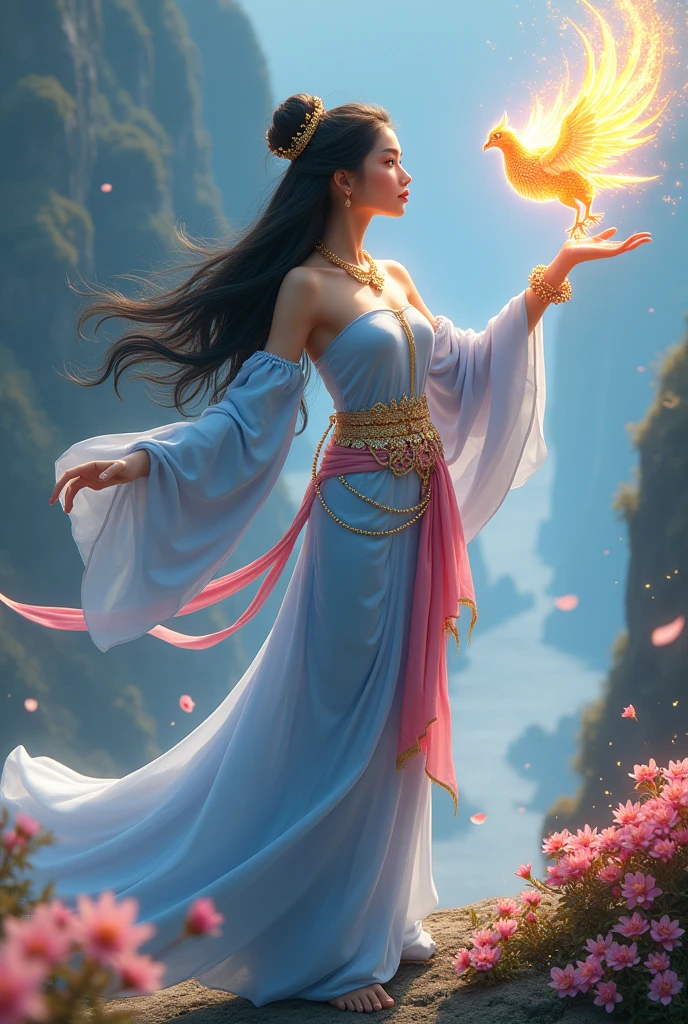 full lenght a Full-body image of a beautiful young woman, sweet and gentle, wearing a light blue strapless Thai dress, a nine-gem belt, a pink sarong with gold trim, a light blue silk shawl over her shoulders, long flowing black hair, a flying crown tied loosely. She extends her right arm and there is a majestic phoenix from digital ashes in a blaze of holographic flames. The corner of a steep cliff is surrounded by small flowers, beautiful, glowing and shimmering. 3D image, oil painting, sharp image, art of Professor Chalermchai.