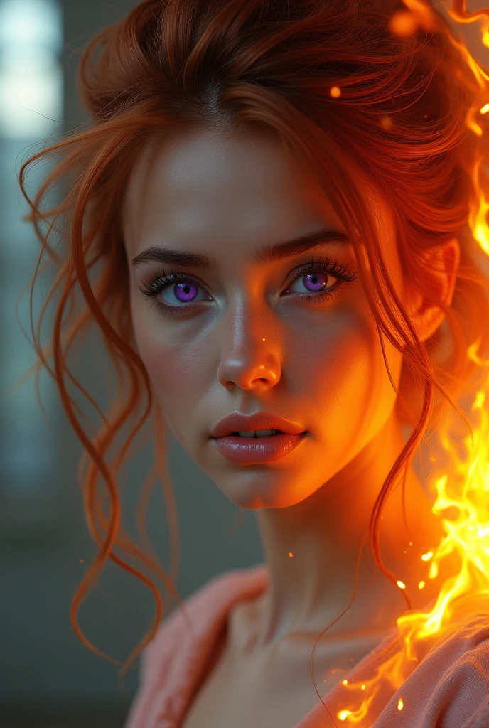 Profile of a woman with unreal beauty, violet eyes and copper hair., but that the hair is wrapped in flames and that it looks like a Queen