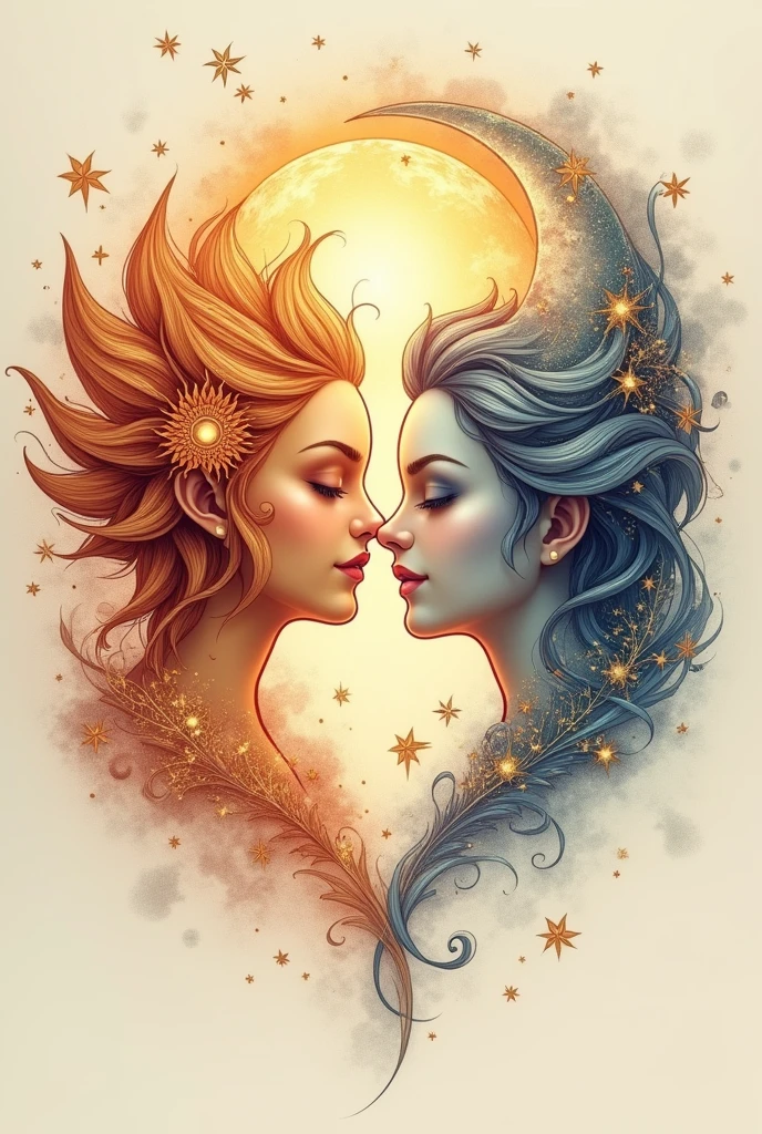 Here’s a detailed prompt for a tattoo design featuring the sun and moon in a French kiss:
"Design a tattoo where the sun and moon are depicted in a romantic French kiss. The sun, radiant and fiery, should have a warm and glowing aura, with soft, flowing rays extending outward. The moon, cool and serene, should have a gentle, silvery light, with a crescent shape. Their faces should be close, lips just about to meet, with an expression of deep affection and tenderness. Surround them with delicate, celestial elements like stars, clouds, and subtle waves of energy to enhance the dreamy, cosmic atmosphere."