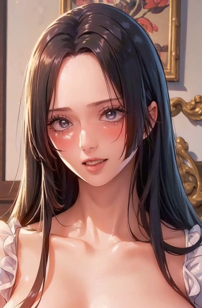 (((masterpiece))), (((best quality))), ((ultra-detailed)), (highly detailed CG illustration), Boa Hancock, (:1.4), (masterpiece:1.5), close-up of upper body, focus on beautiful face, Smiling, , (Best Quality: 1.4), (1girl), (luscious, kissable lips), captivating eyes, (realistic skin), radiant skin, alluring, irresistible, ultra high resolution, high definition, ( aroused:1.5), soft pinkish white skin, glowing, warm white light,  gaze, stunning close-up, pure white background, soft pink and golden light, wearing a tight, form-fitting business suit with a low-cut blouse, partially unbuttoned to reveal cleavage, (sharp focus), (realistic lighting), (gentle soft shadows), (subtle blush on cheeks), (vibrant, saturated colors), (depth of field), (photo-realistic details), (intricate, glossy hair strands), (luscious, glossy lips), (delicate, smooth skin texture), (highly expressive, inviting eyes), (glimmering highlights), (playful, teasing expression)