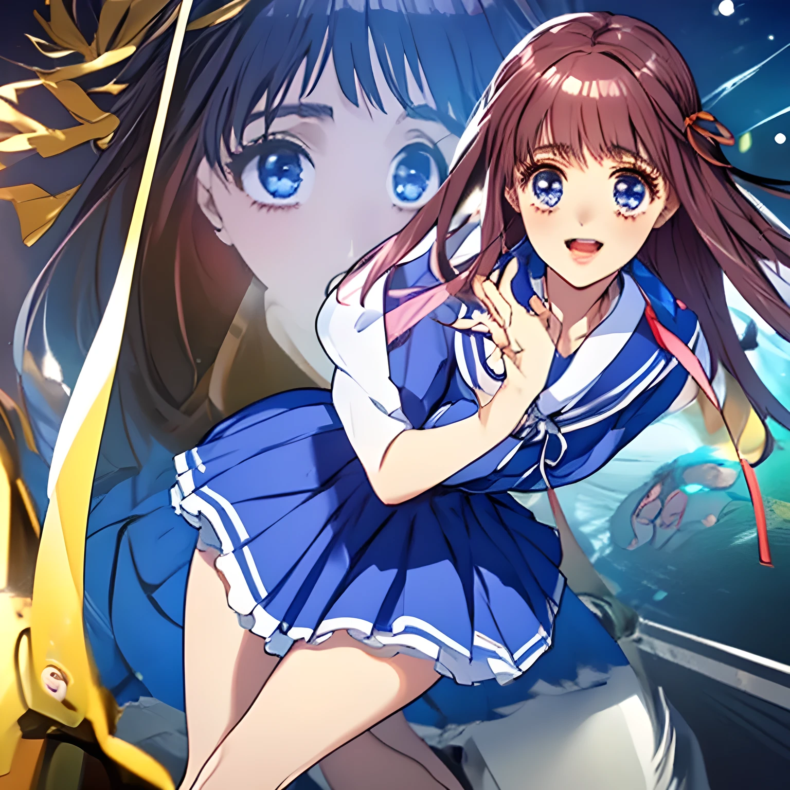 (masterpiece, Highest quality: 1.2), (Very beautiful fantasy digital artwork: 1.0), (A cutely smiling 16yo daughter of Venus: 0.5), (A smiling cute noble graceful face,  wearing a sailor uniform, Glossy up-curved lips, Beautiful soft white hands and legs: 1.0), (Beautiful glossy light-red super long hair, Evenly trimmed bangs, with yellow long hair ribbons), (Dark blue sailor-style school uniform, dark blue jacket, Dark blue sleeves, A long, dark blue pleated skirt, crimson scarf, Dark brown loafers:1.2), (Cute blue laughing eyes as beautiful as Venus with cutely detailed: 1.6), (She Looking at me and laughing at me: 1.3), (The background is a mass of very girly ribbons, girly skirts, and flowers: 1.2)