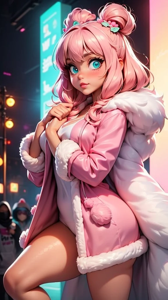 a woman in a pink robe standing in front of a white background, coat for a rave, stylish coat for a rave, pink fur, coat for a rave with fur, neon pink, pink fluffy fur, wearing a pink hoodie, hot pink, furry style, pink clothes, some pink, pink girl, fluffy ebay product, ((pink)), fur coat, fluffy