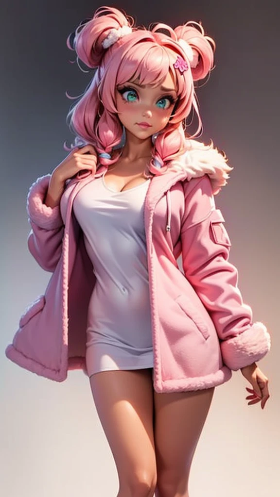a woman in a pink robe standing in front of a white background, coat for a rave, stylish coat for a rave, pink fur, coat for a rave with fur, neon pink, pink fluffy fur, wearing a pink hoodie, hot pink, furry style, pink clothes, some pink, pink girl, fluffy ebay product, ((pink)), fur coat, fluffy