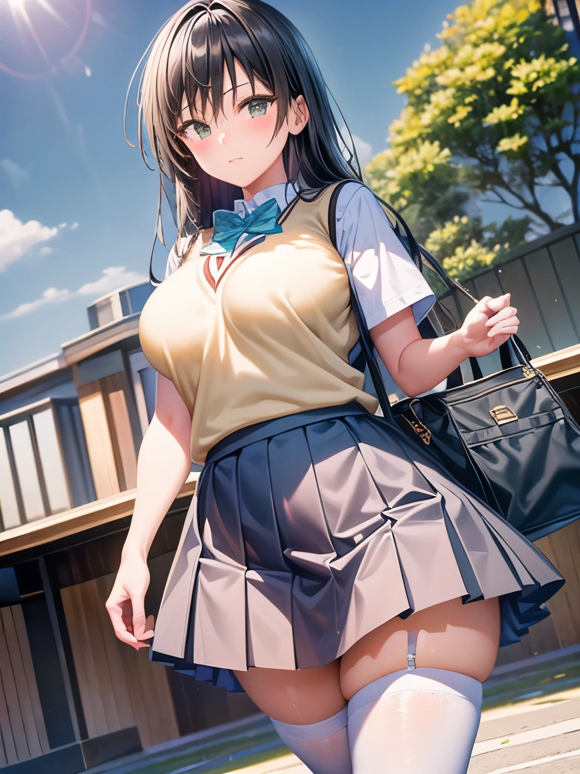 uniform　Cream-colored knit　White blouse、Green mini skirt　Plaid、light blue lace patterned panty、Big Breasts、Beautiful feet、Aroused expression、Black Hair　long hair、School　rooftop　blue sky、Are standing　low angle view、Black Loafers、Black fishnet tights