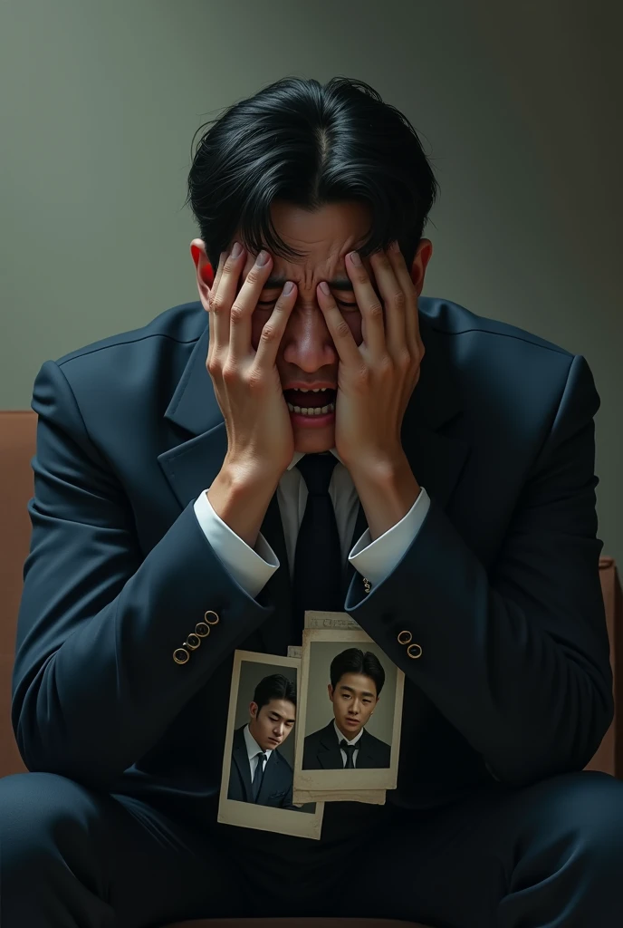 Realim. A man sit and crying so loud. His face full of tears. He sit aside. His elbow in his thighs. He wear suits and his hand holding photos. He is handsome man like korean man