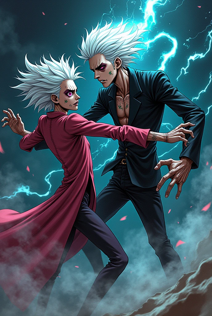 create a One Piece dash illustration of an 18 year old voodoo rag doll man with white hair, one pink eye, and one button eye fighting Vlad Tepes