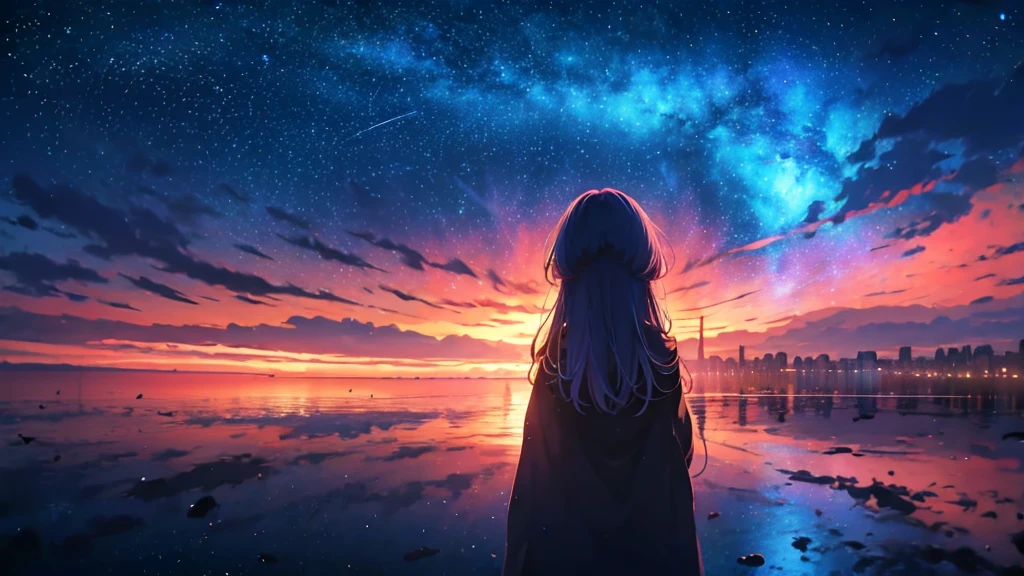 Anime girl looking at the stars in the sky, girl looks at the space, anime girl with cosmic hair, girl in space, Star(skyporn) starrysky_skyporn, on a galaxy looking background, in a space starry, near a galaxy, Anime art wallpaper 8k, shooting star in background, stars on sky, Anime Girl with Long Hair, Space sky