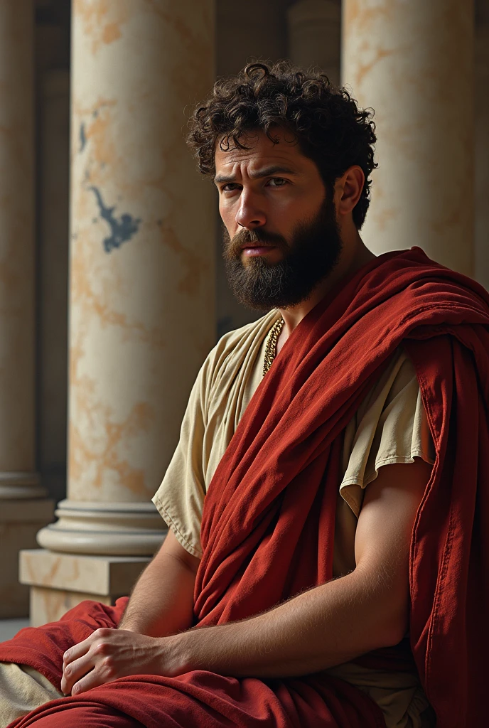"Create a stoic image of Marcus Aurelius, the Roman Emperor and philosopher, sitting in deep contemplation. He should be depicted wearing traditional Roman attire, with a calm yet resolute expression, reflecting wisdom and inner strength. The background should feature elements of ancient Rome, such as marble columns or a temple, but remain subdued to keep the focus on his thoughtful demeanor. The lighting should be soft and natural, highlighting the details in his face and clothing, conveying a sense of timeless wisdom and stoic tranquility."