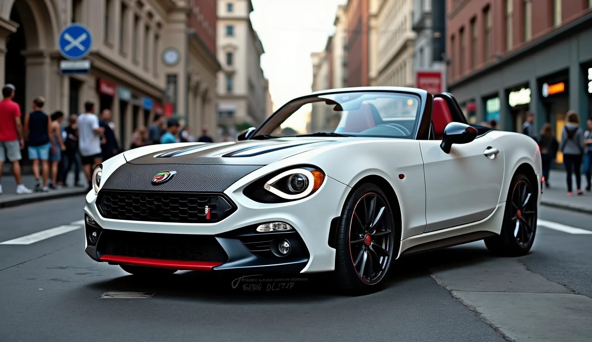 Car Photography、Abarth 124 Spider、White body color、Carbon Bonnet、Shooting in the city。