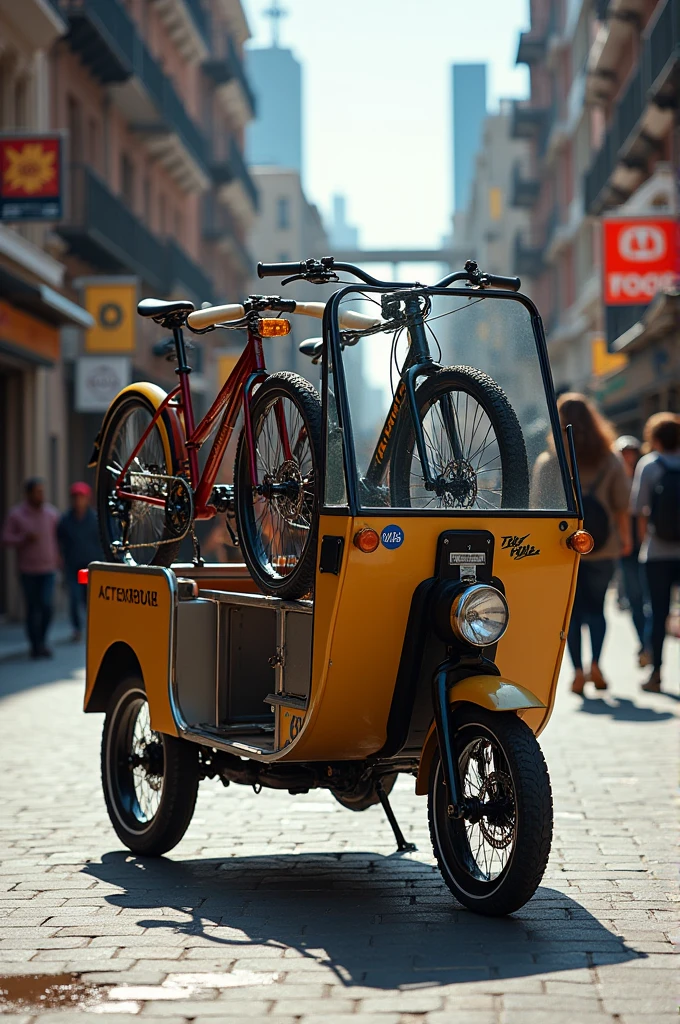 A two-wheeled cargo bike that carries more advertising-style bikes