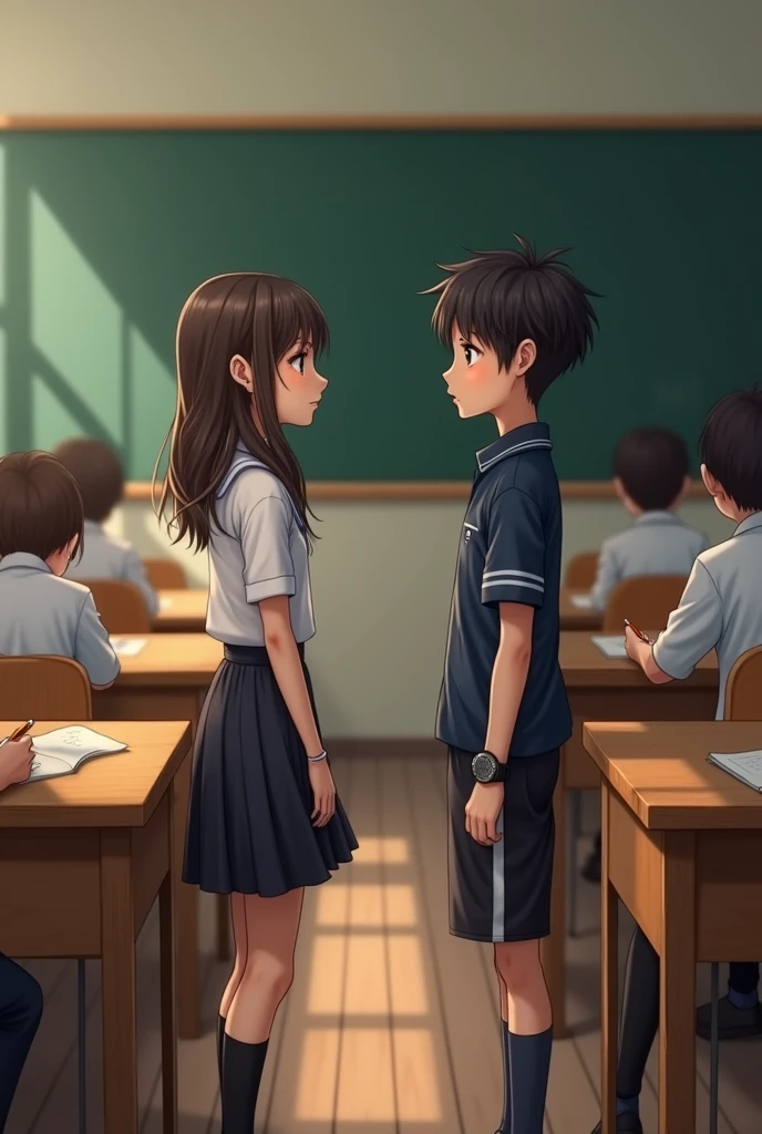 One boy and one girl see each other during class in a school from different bench