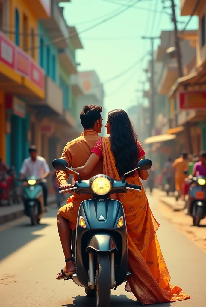 A couple in a Hyderabad street riding in bike