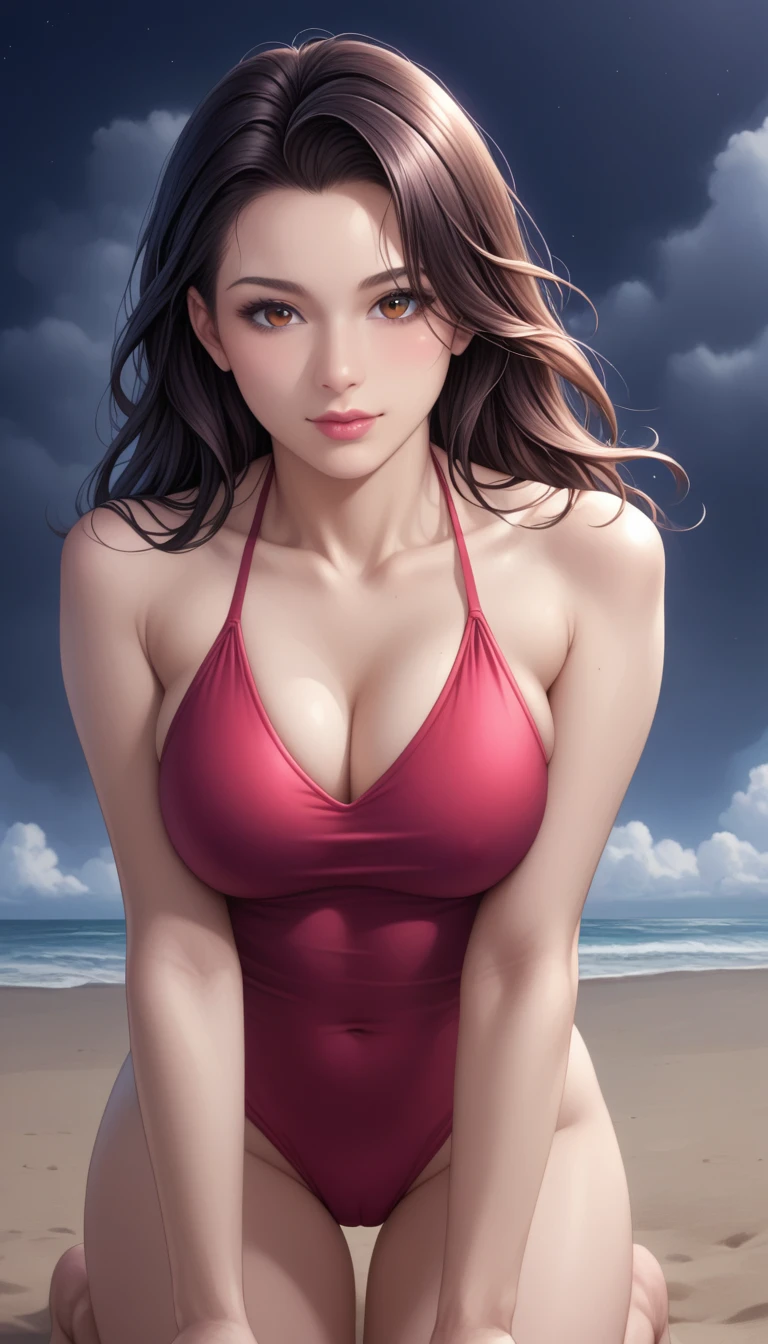 score_9, score_8_superior, score_7_superior, High-resolution CG illustration,A masterpiece in 32K resolution,Highest quality,it is really amazing,Very detailed,Ultra-high resolution,Ultra-realistic,Realistic,Increased depth of field,Cinematic lighting,
Sexy mature Japan woman,
Long black hair,Showing his forehead,Ultra-detailed and beautiful face,Calm and gentle look,Beautiful brown eyes,Translucent white skin,Realistic skin texture,Great proportions,
Elegant red swimsuit,
Simple design,Chic color scheme based on red,Detailed fabric texture,
(Dark overcast sky on a dull night:1.1),(Dark clouds filling the sky:1.1),Thundercloud,Coastline at night,Stormy seas,delay々A desolate sandy beach that continues,
Kneeling on the sand,High angle,