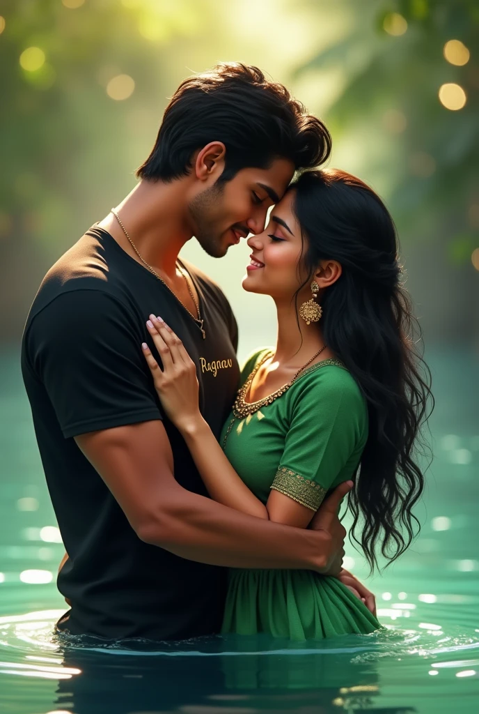 realistic indian 19 Year old cute boy lifting body and 15 year beutifull girl smile in chest to chest in Water with boy wearing black shirt on the river with sunday an water and a on girl wearing green lehenga with swimming pool background , in shirt written name “Raghav" features, loveng mood, realistic