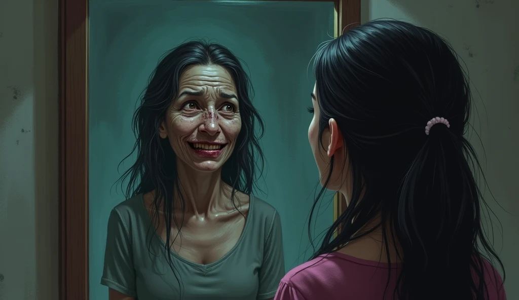  Sunaina standing in front of a mirror, her face twisted in horror as she sees the old woman from the neighboring flat standing behind her in the reflection. The old woman's face is partially decayed, with a sinister smile.
