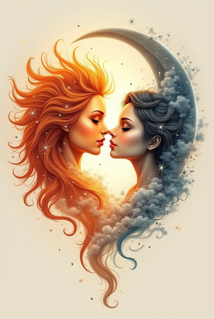 Here’s a detailed prompt for a tattoo design featuring a female sun and a male moon in a French kiss:
"Create a tattoo design where the sun is portrayed as a radiant female figure, with warm, flowing rays like hair, and a gentle, glowing face. The moon, depicted as a handsome male figure, should have a cool, silvery complexion, with a crescent shape framing his face. They are sharing a passionate French kiss, their faces close, lips gently touching, with an expression of deep love and connection. Surround them with subtle celestial elements like twinkling stars and soft clouds, enhancing the romantic and cosmic theme of the design."