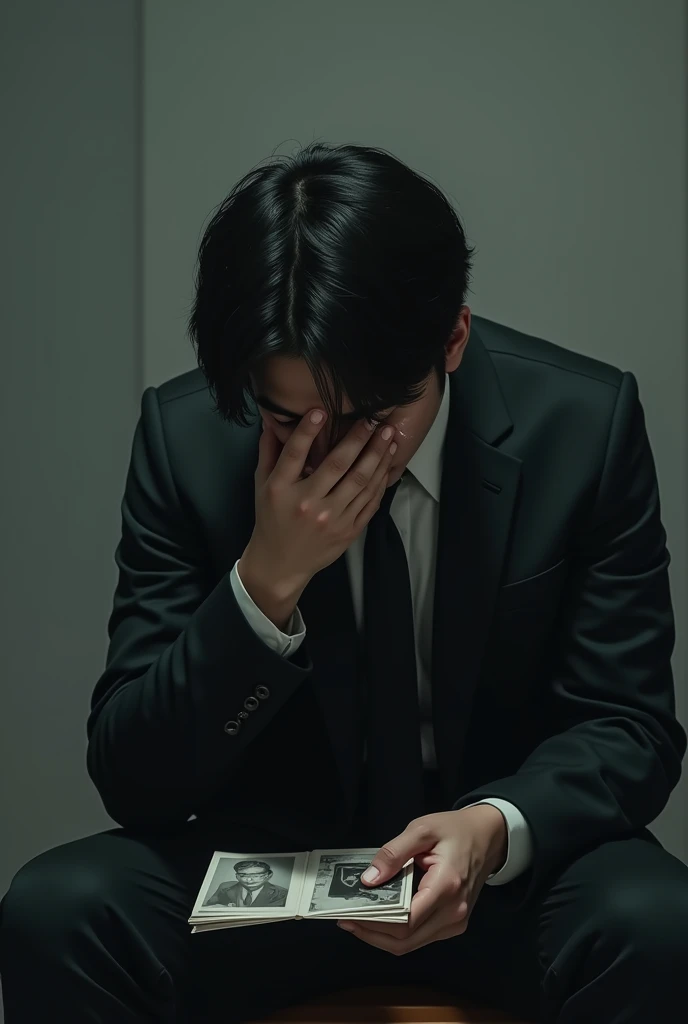 Realim. A man sit and crying so loud. His face full of tears. He sit aside. His elbow in his thighs. He wear suits and his hand holding photos. He is handsome man like korean man