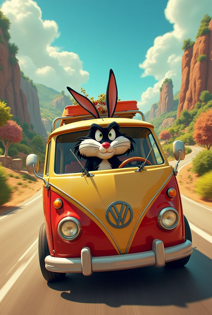 Sylvester the cat from Looney Tunes driving a van